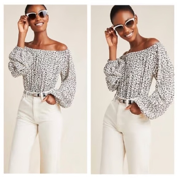 Anthropologie-Cascias Leopard Print Off Shoulder Top (Size:Large) - Picture 1 of 9